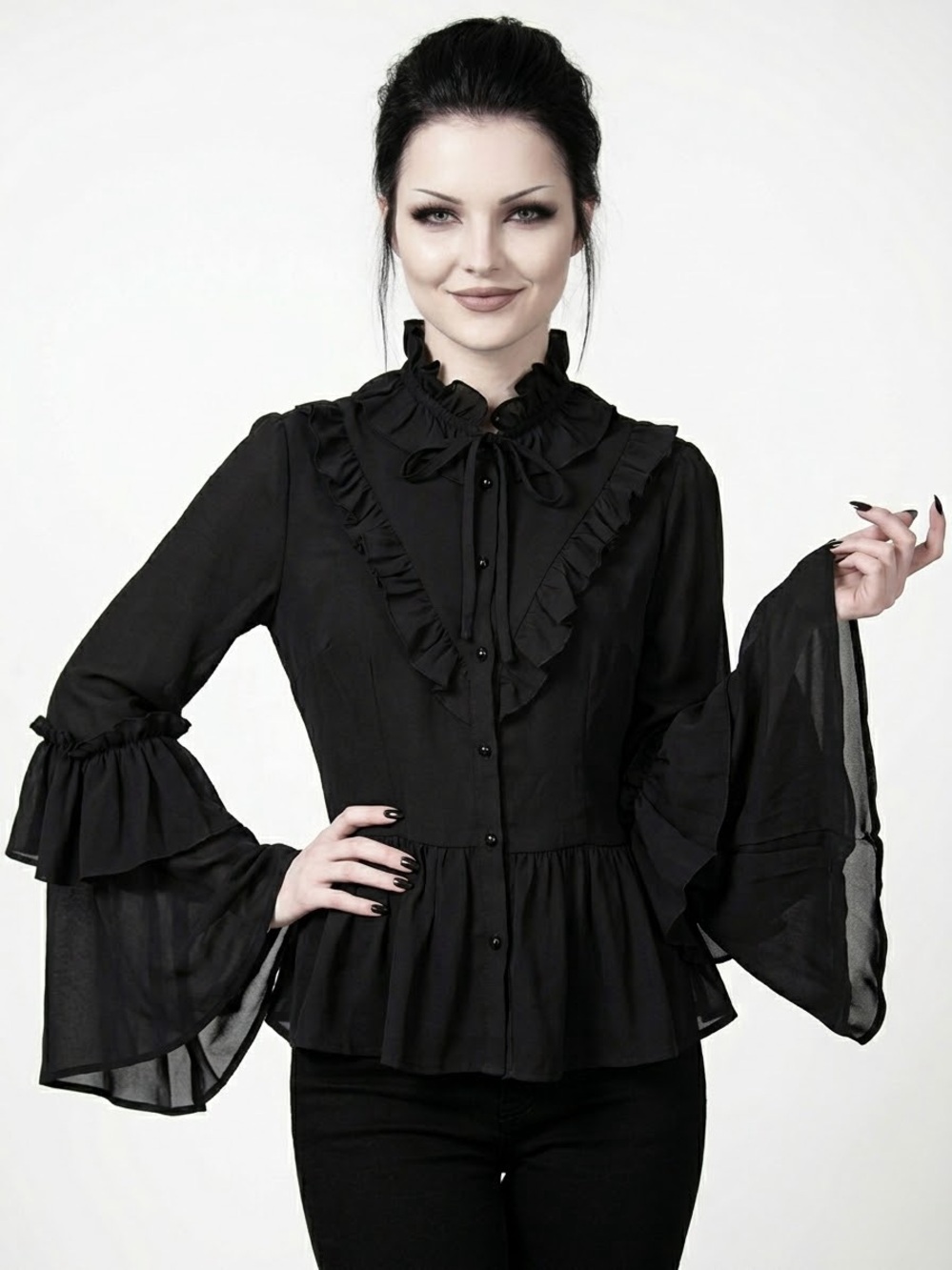 Killstar Black Chiffon Gothic Bell Sleeve Blouse Ruffle Peplum Victorian Large